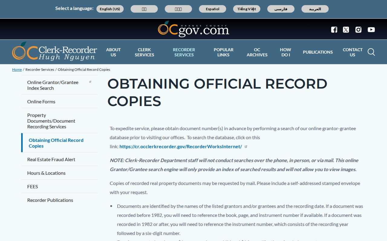 Westminster records instructions for Orange County official record copies