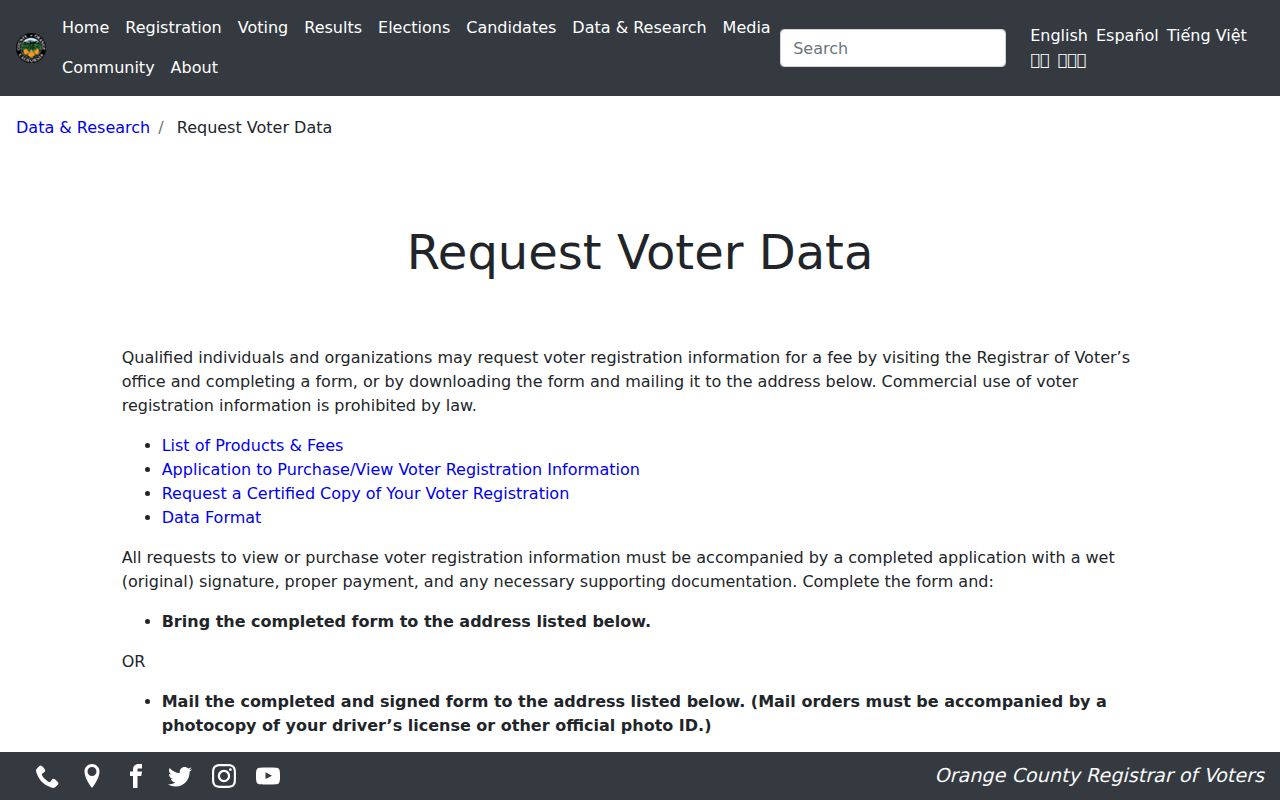 Westminster voter records request and purchase requirements